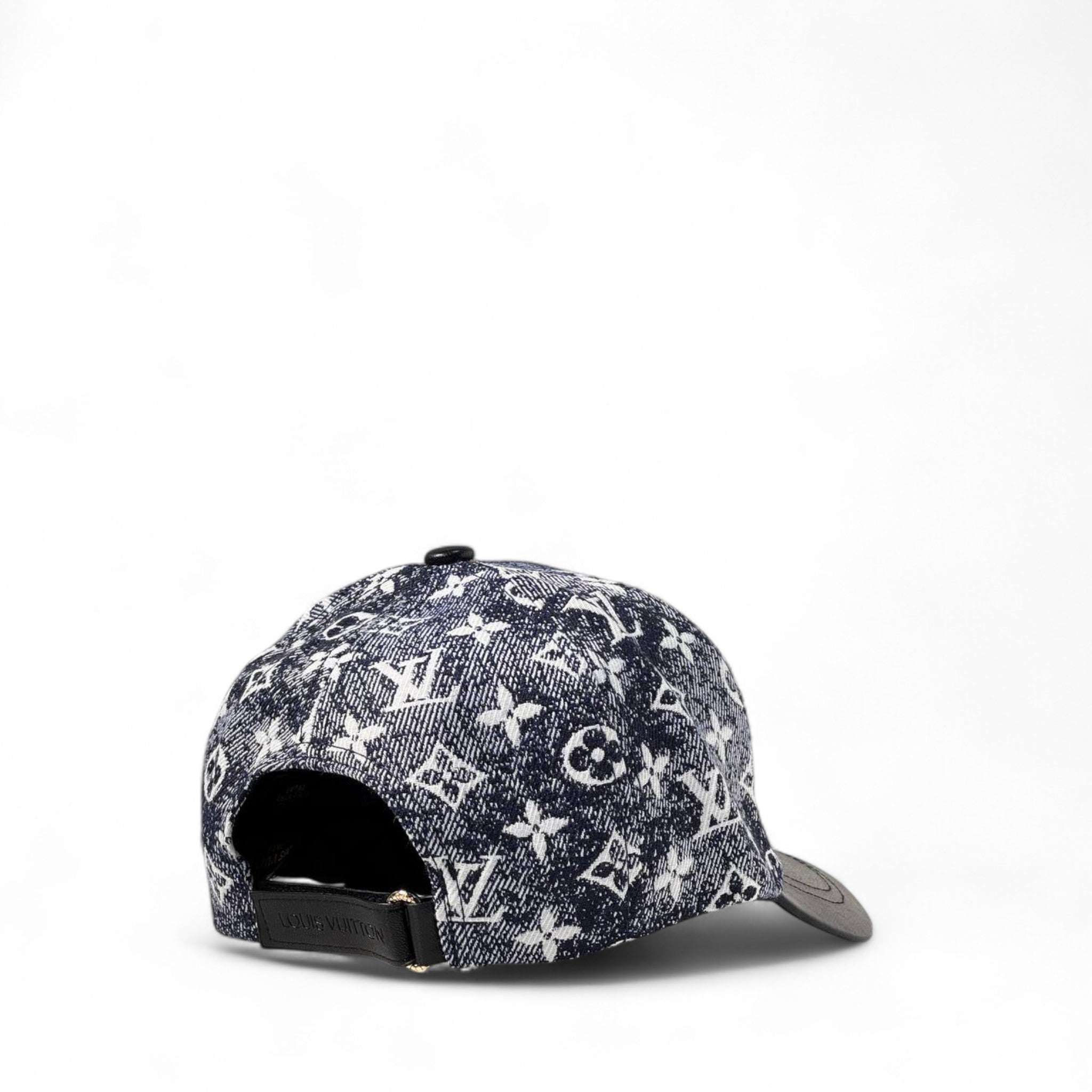 🧢 Monogram Denim & Leather Cap – Designer Streetwear in Deep Indigo