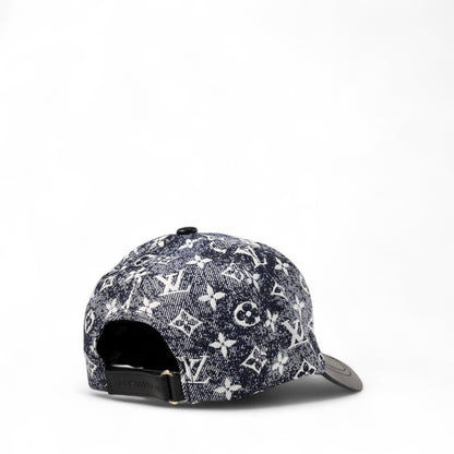 🧢 Monogram Denim & Leather Cap – Designer Streetwear in Deep Indigo