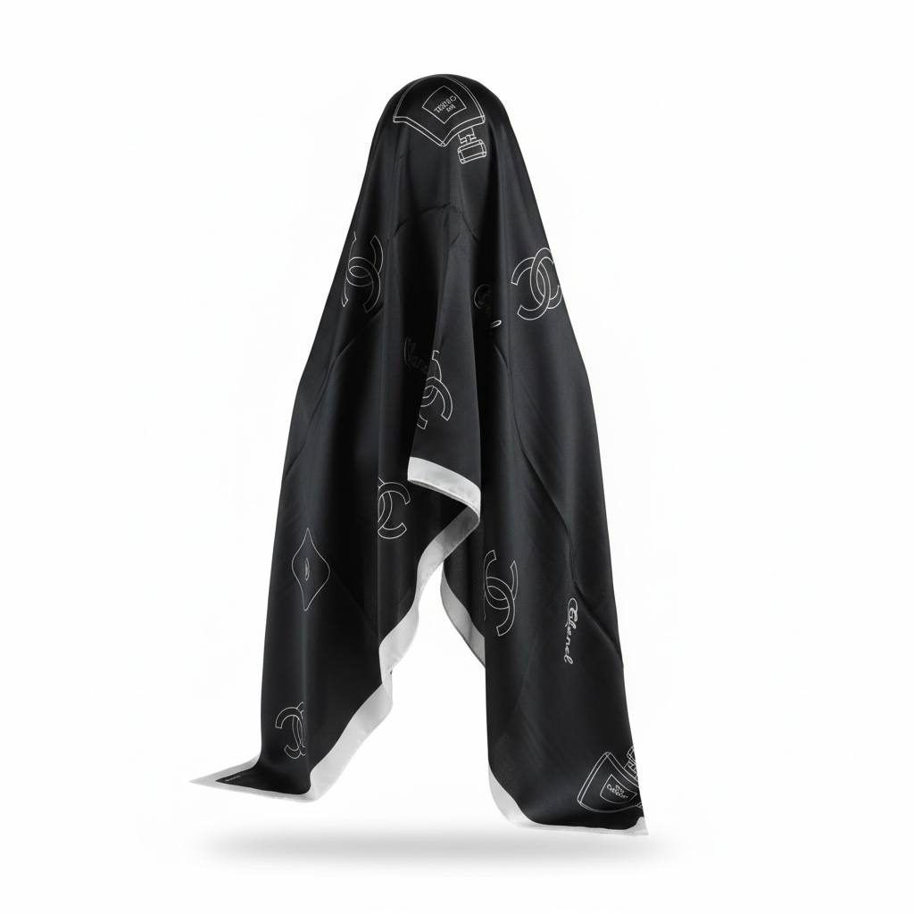 🖤 Chanel Perfume Print Scarf & Hijab – Elegant Designer Silk Shawl ✨