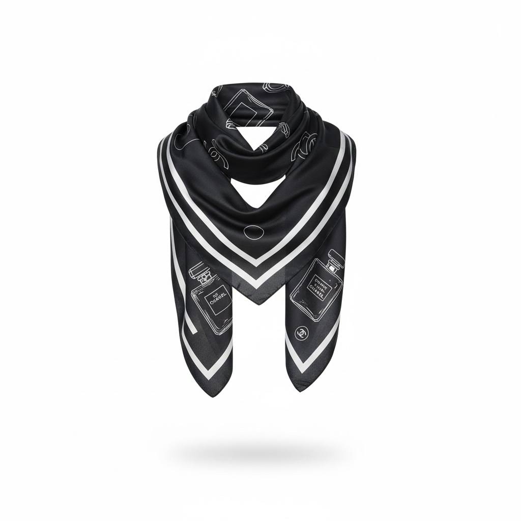 🖤 Chanel Perfume Print Scarf & Hijab – Elegant Designer Silk Shawl ✨