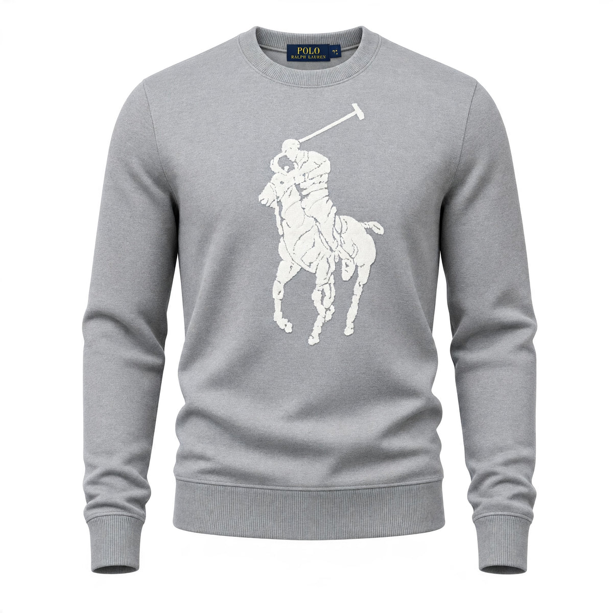 Grey Polo Ralph Lauren crewneck sweatshirt with large white Big Pony logo