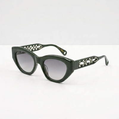 Olive green Dior cat-eye sunglasses with cutout lattice temples and gradient lenses