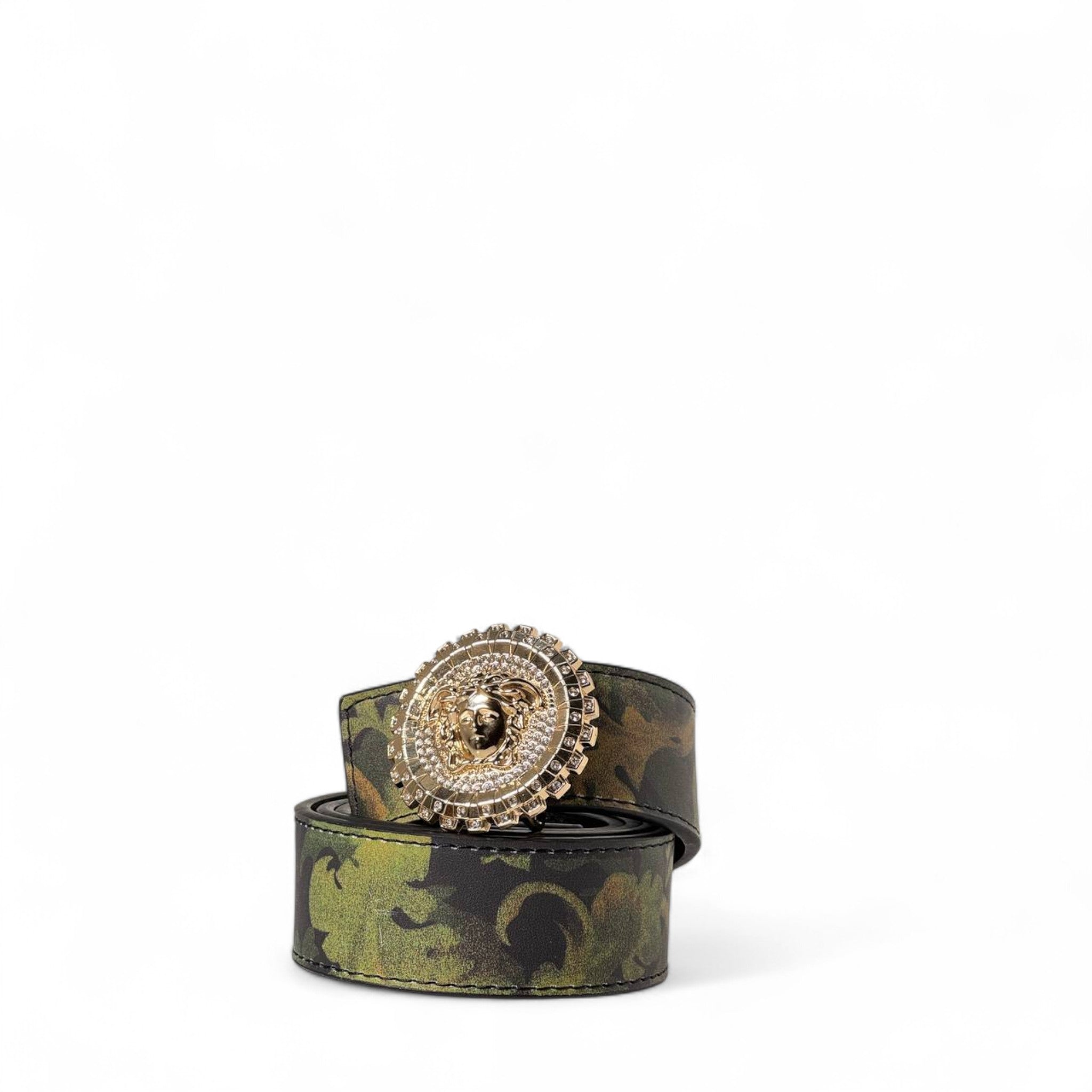 💚 Versace Baroque Green Print Belt – Gold Crystal Medusa Buckle (125 cm) 💎