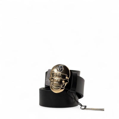 💀 Philipp Plein Skull Buckle Belt – Black Leather with Gold Skull (120 cm🖤