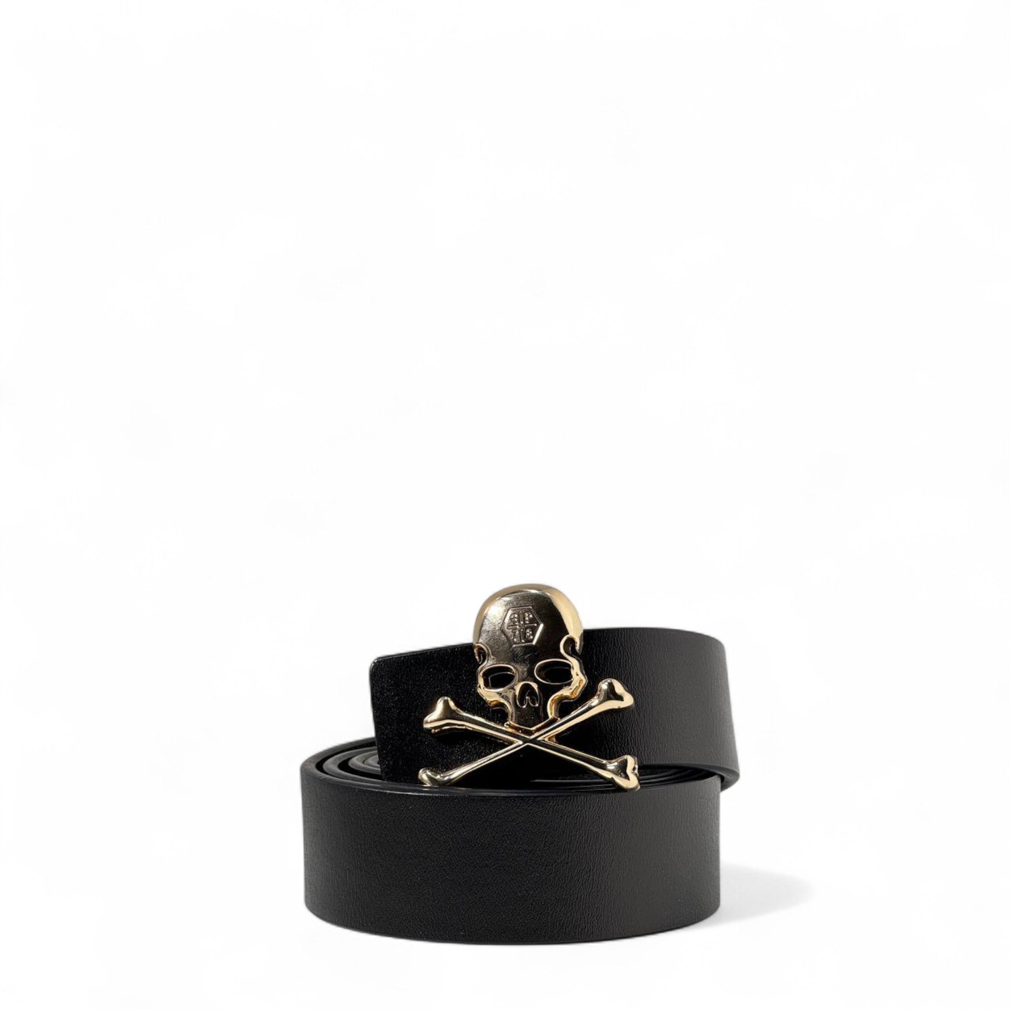 💀 Philipp Plein Skull & Crossbones Belt – Bold Black Leather (130cm) ⚔️