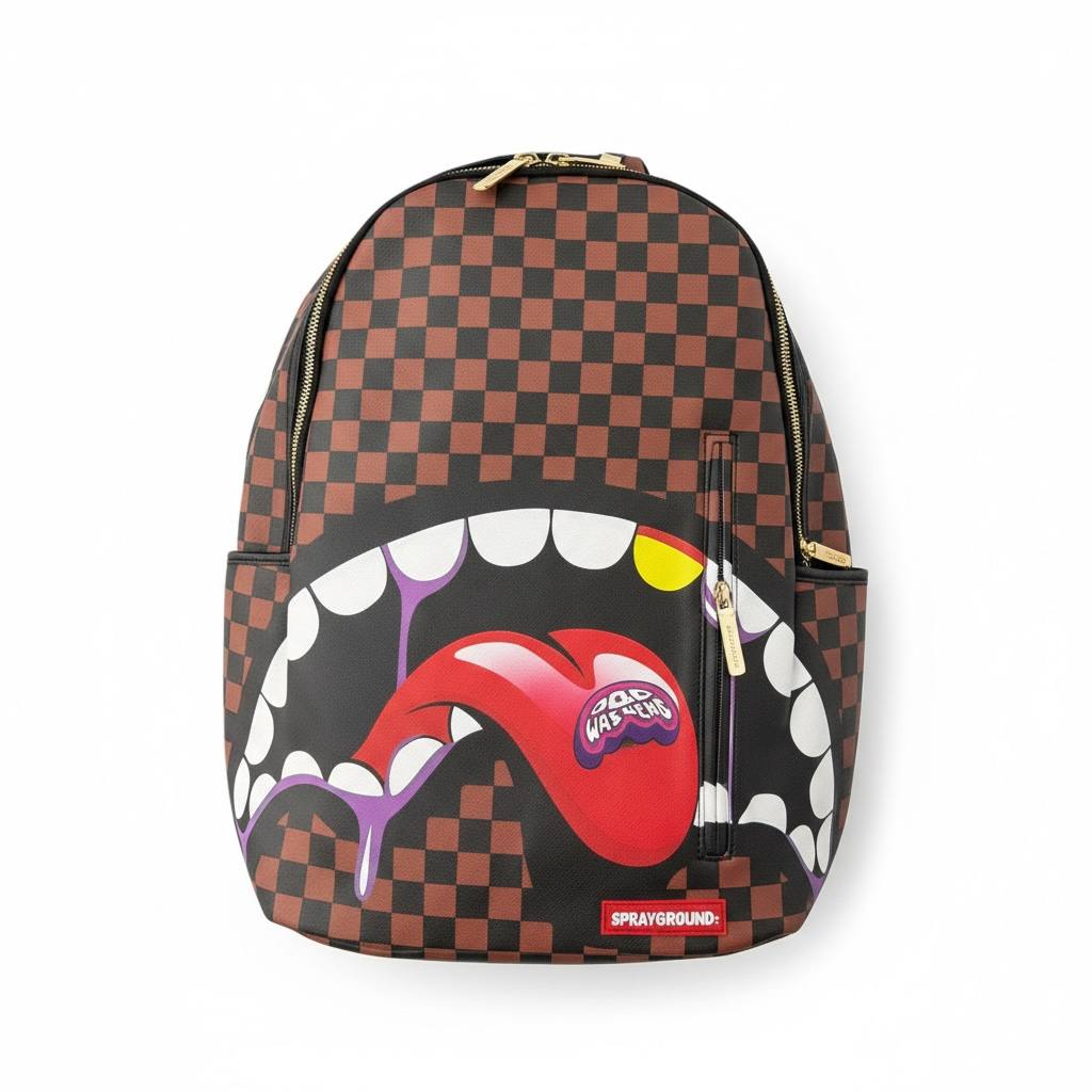 🔥 Sprayground Checkered Crazy Mouth Backpack – Street Icon Edition 🔥