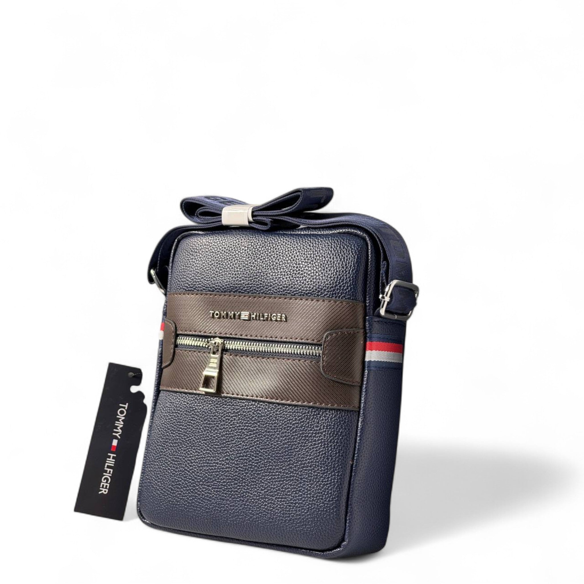 Tommy Hilfiger Navy Crossbody Bag 💼 | Pebbled Texture with Brown Accent