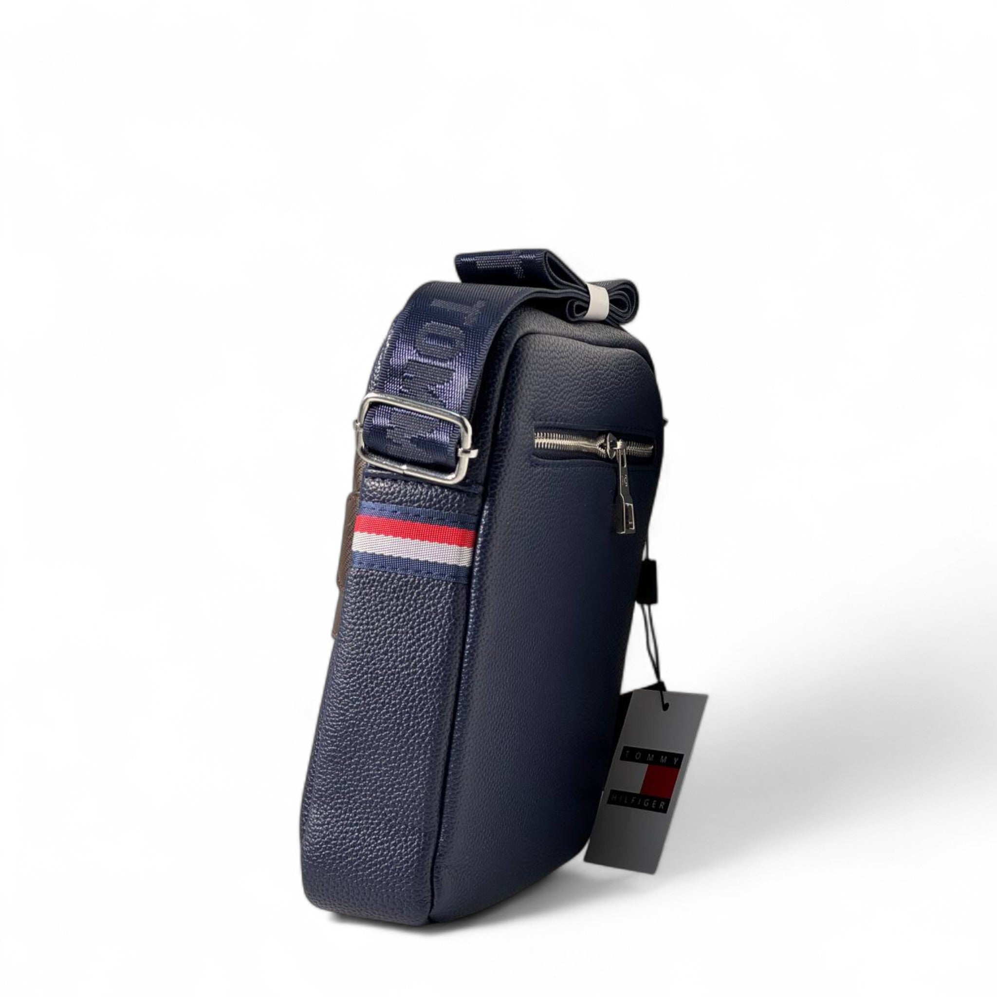 Tommy Hilfiger Navy Crossbody Bag 💼 | Pebbled Texture with Brown Accent