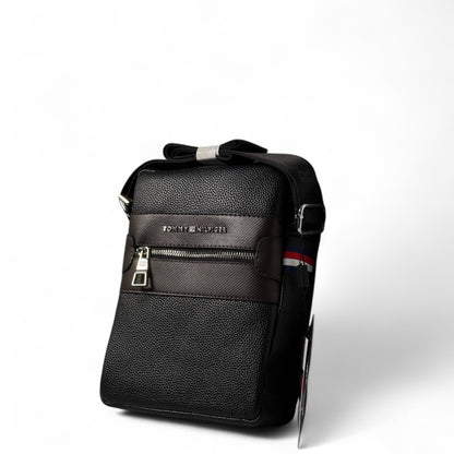 Tommy Hilfiger Black Crossbody Bag 🖤 | Pebbled Leather with Brown Detail