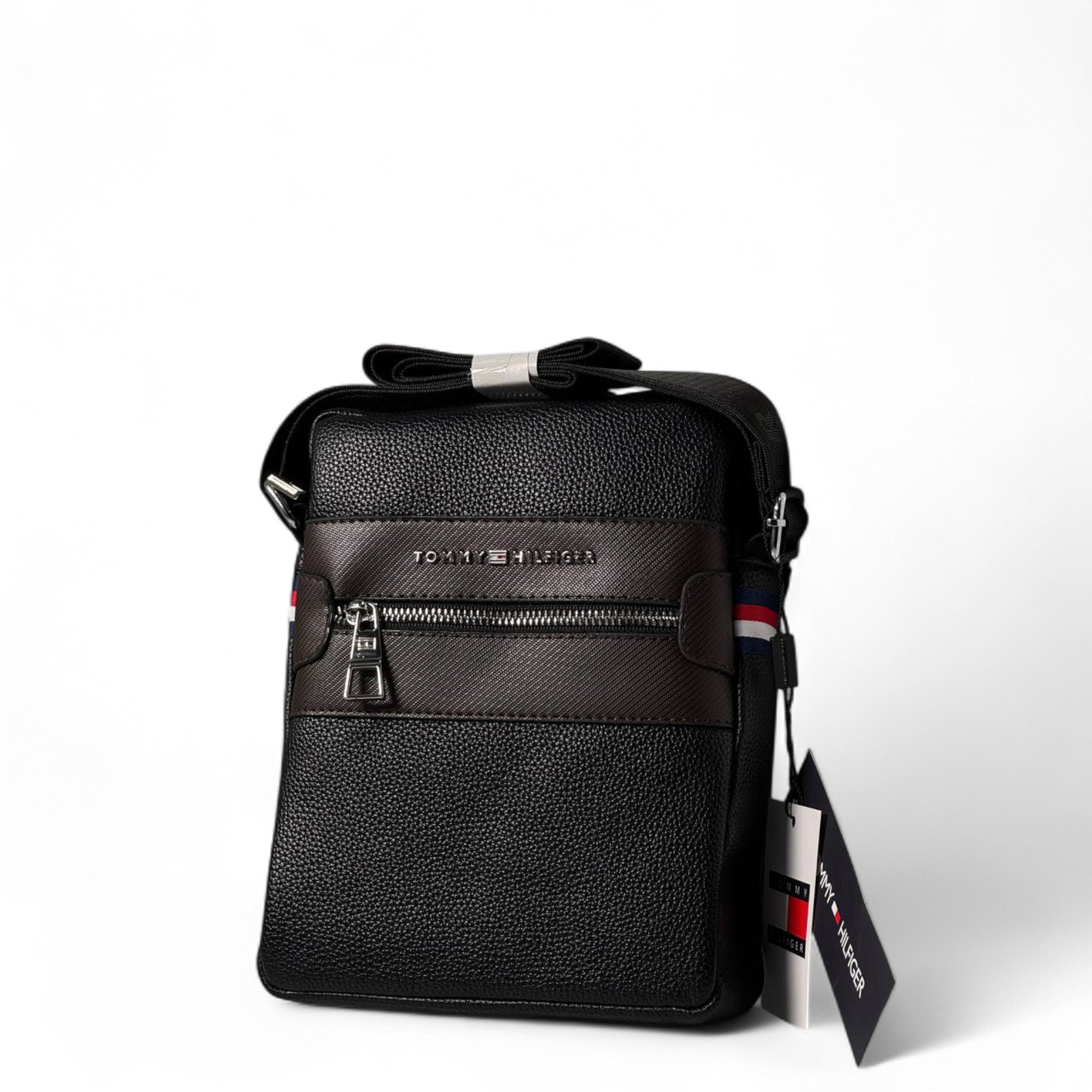 Tommy Hilfiger Black Crossbody Bag 🖤 | Pebbled Leather with Brown Detail
