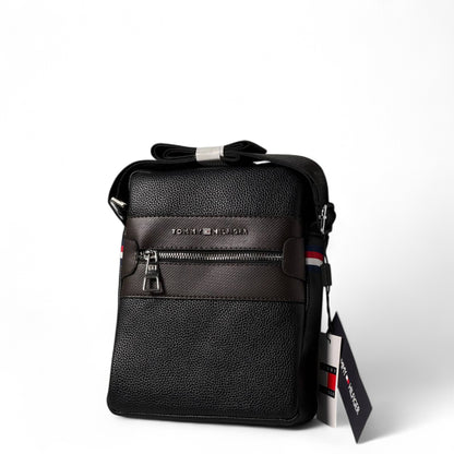Tommy Hilfiger Black Crossbody Bag 🖤 | Pebbled Leather with Brown Detail