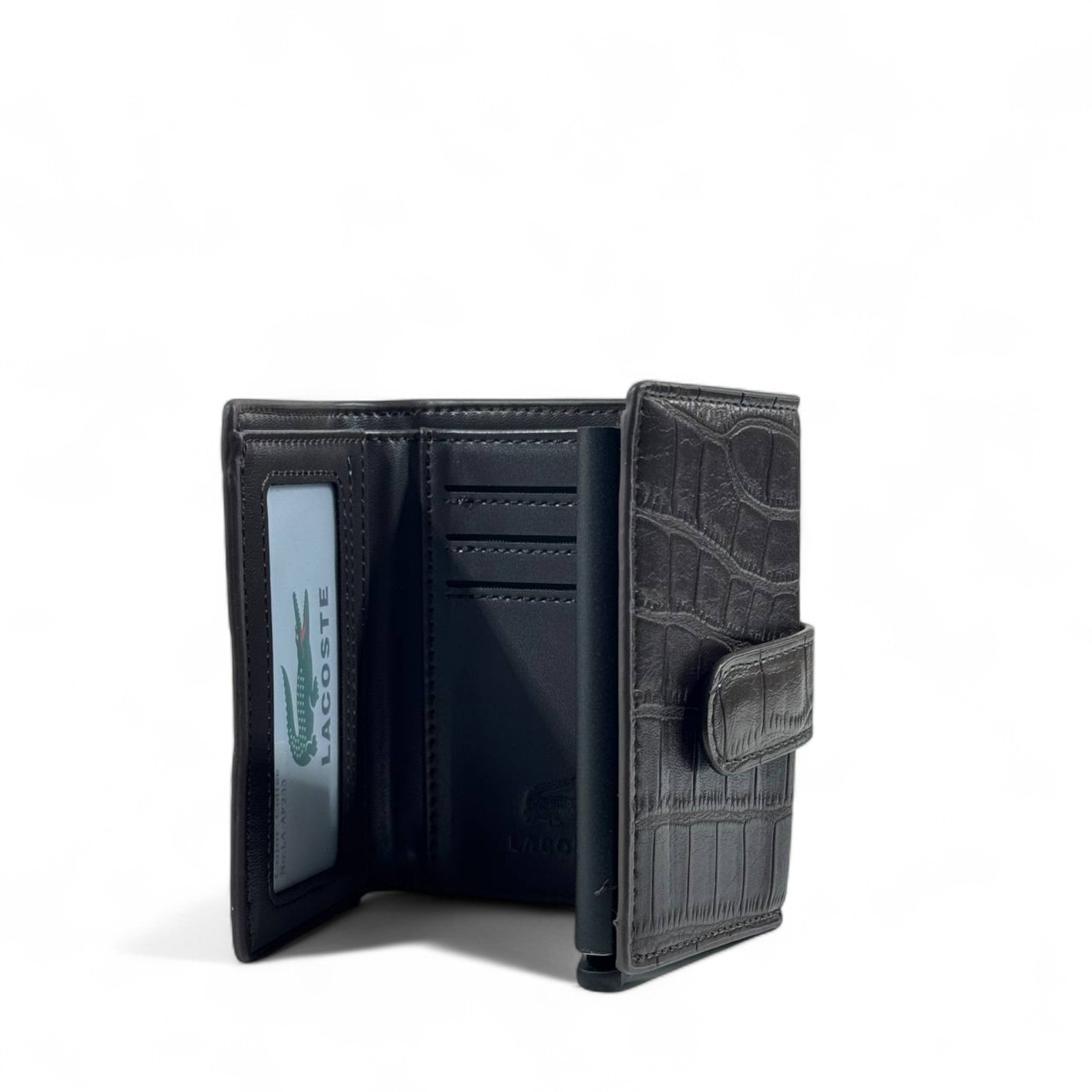 🐊 Lacoste Crocodile-Textured Black brown Wallet – Strap Closure