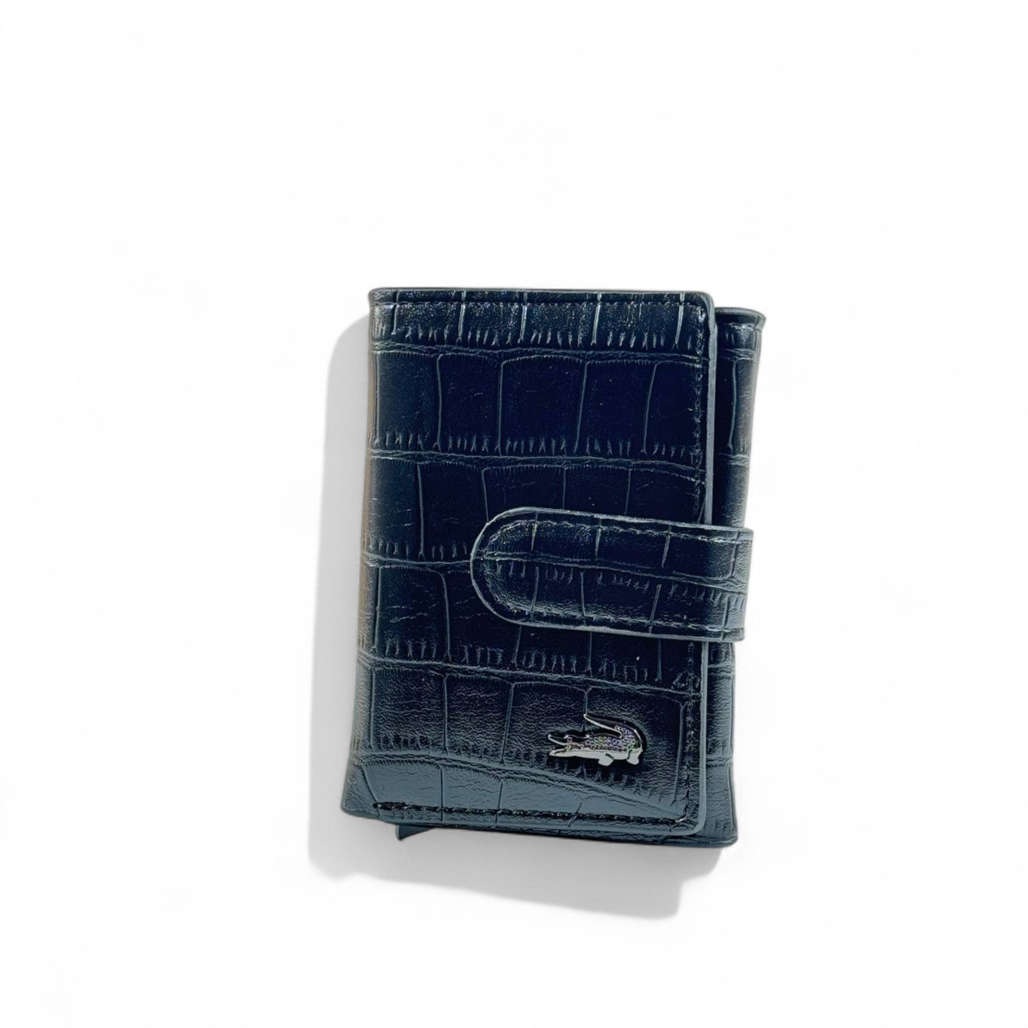 🐊 Lacoste Crocodile-Textured Black Leather Wallet – Strap Closure