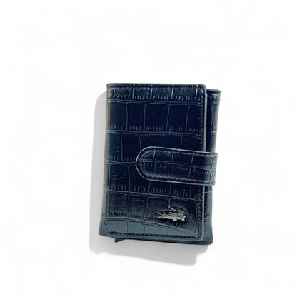 🐊 Lacoste Crocodile-Textured Black Leather Wallet – Strap Closure