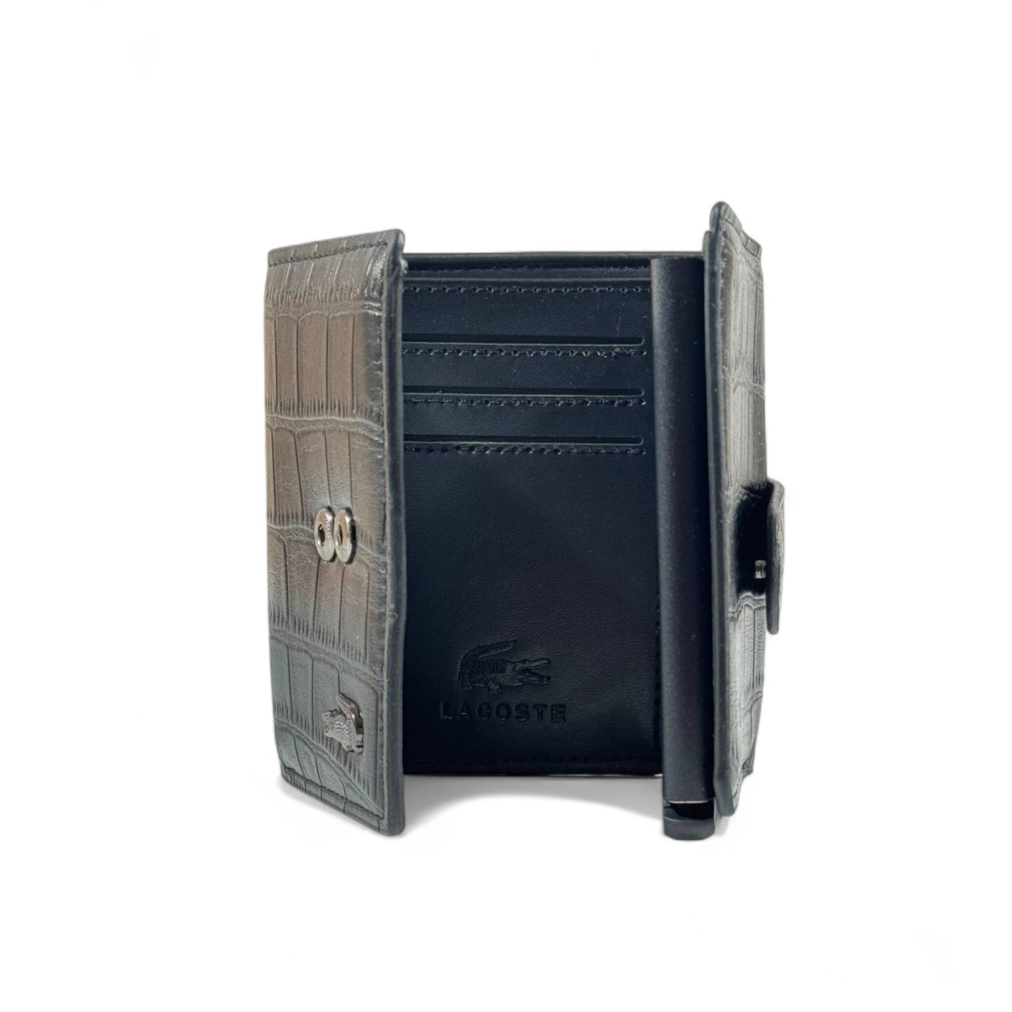 🐊 Lacoste Crocodile-Textured Black Leather Wallet – Strap Closure