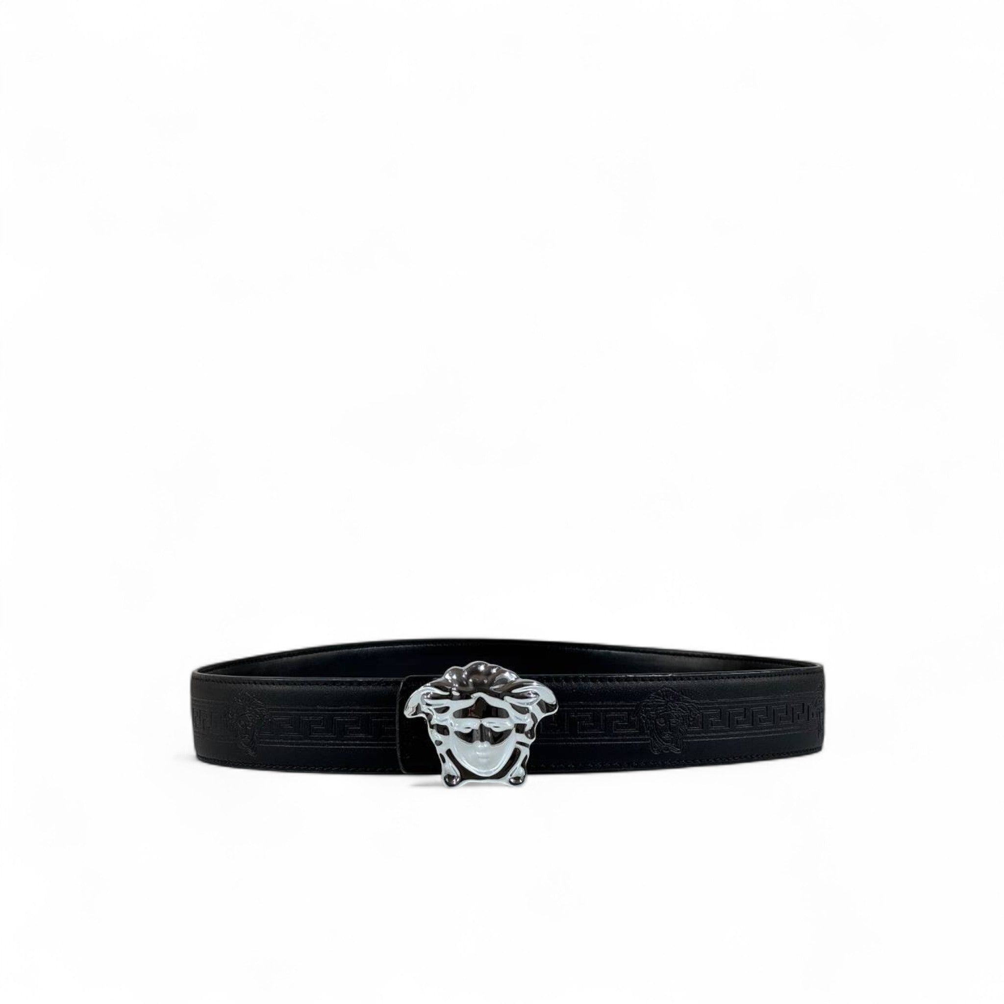 🖤 Versace Black Leather Belt – Silver Medusa Buckle | 110 cm