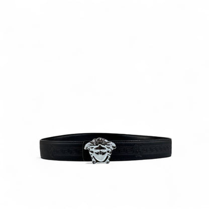 🖤 Versace Black Leather Belt – Silver Medusa Buckle | 110 cm