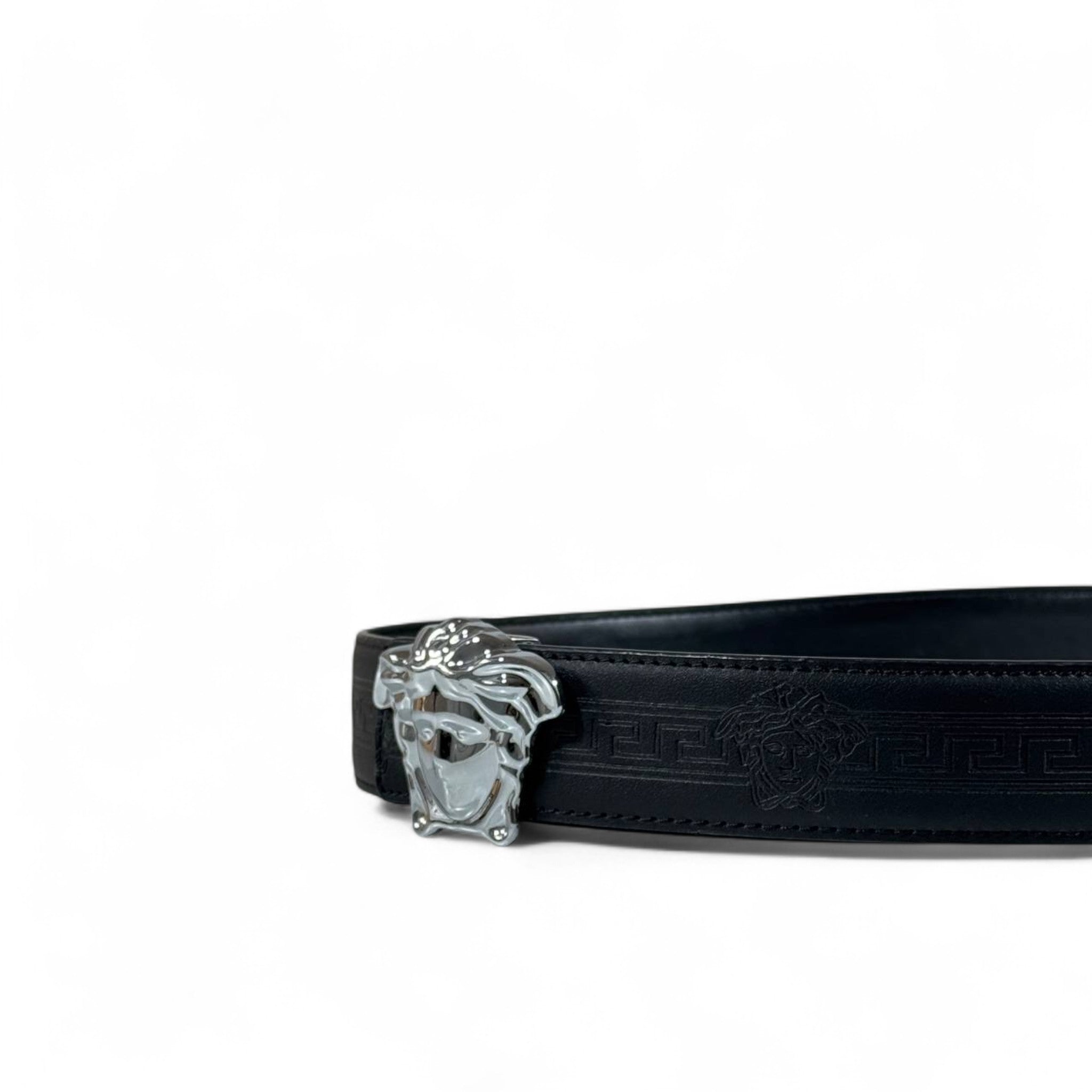 🖤 Versace Black Leather Belt – Silver Medusa Buckle | 110 cm