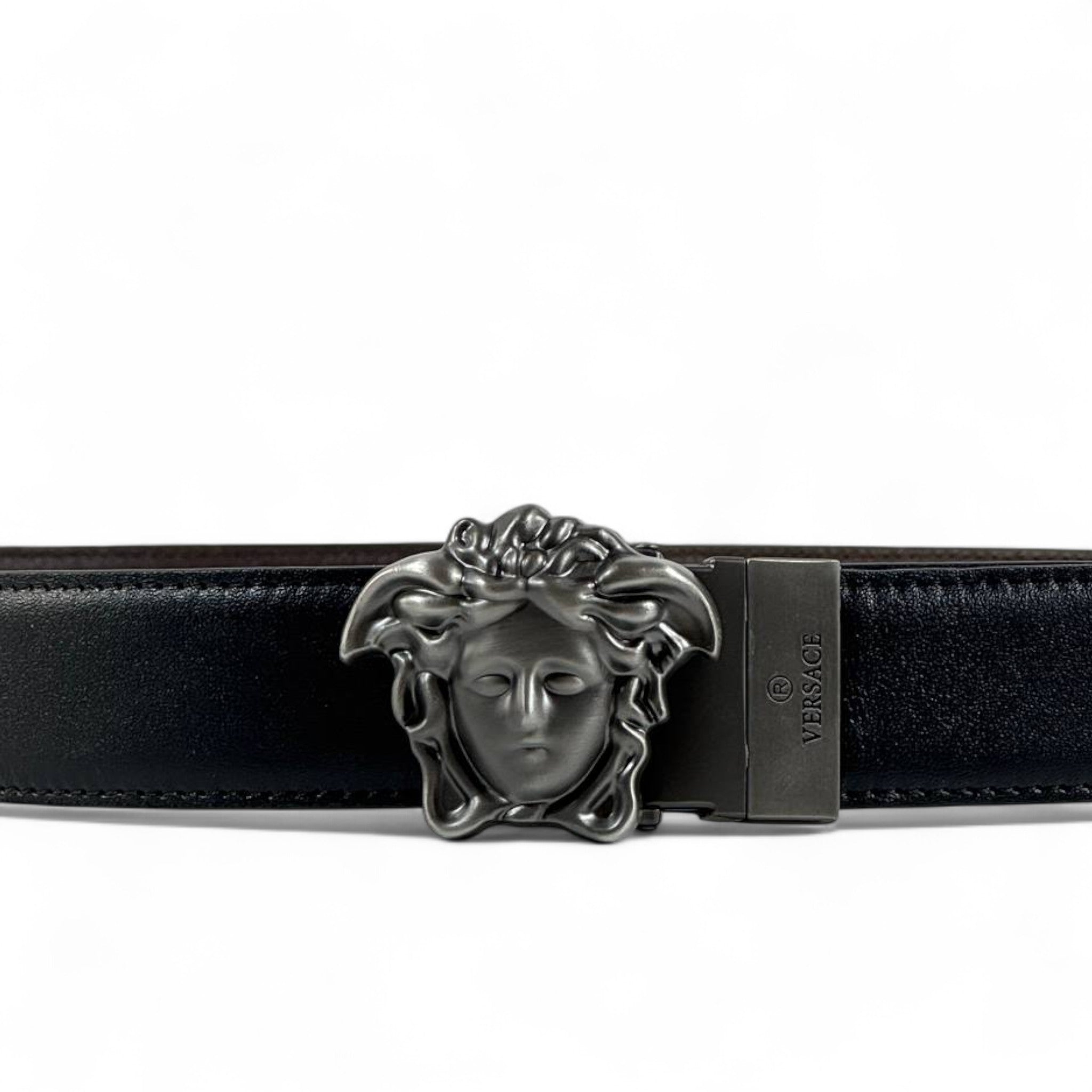🖤 Versace Black Leather Belt – Gunmetal Medusa Buckle | 130 cm