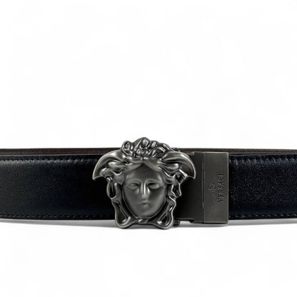 🖤 Versace Black Leather Belt – Gunmetal Medusa Buckle | 130 cm