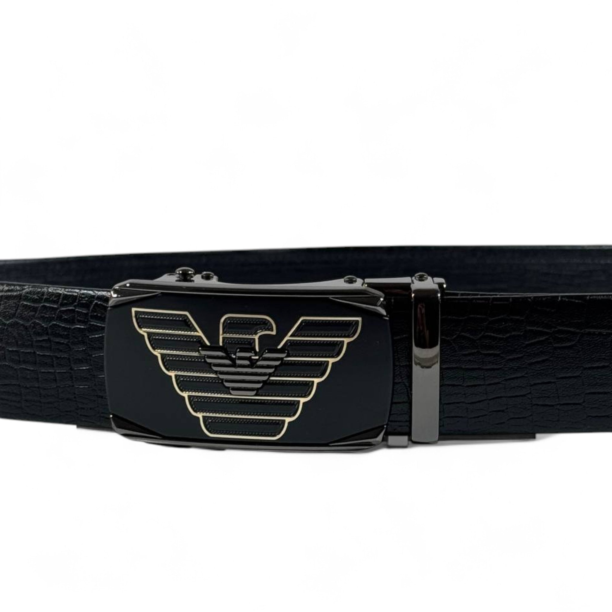 Armani Black Croc-Embossed Belt with Eagle Buckle | 120 cm