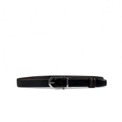 Ferragamo Black Leather Belt with Silver Rounded Buckle | 115 cm