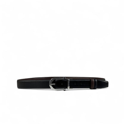 Ferragamo Black Leather Belt with Silver Rounded Buckle | 115 cm