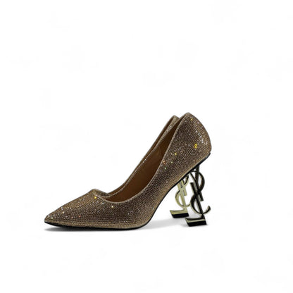 👑✨ Saint Laurent Gold Crystal Pumps with Iconic YSL Heel ✨💎👠