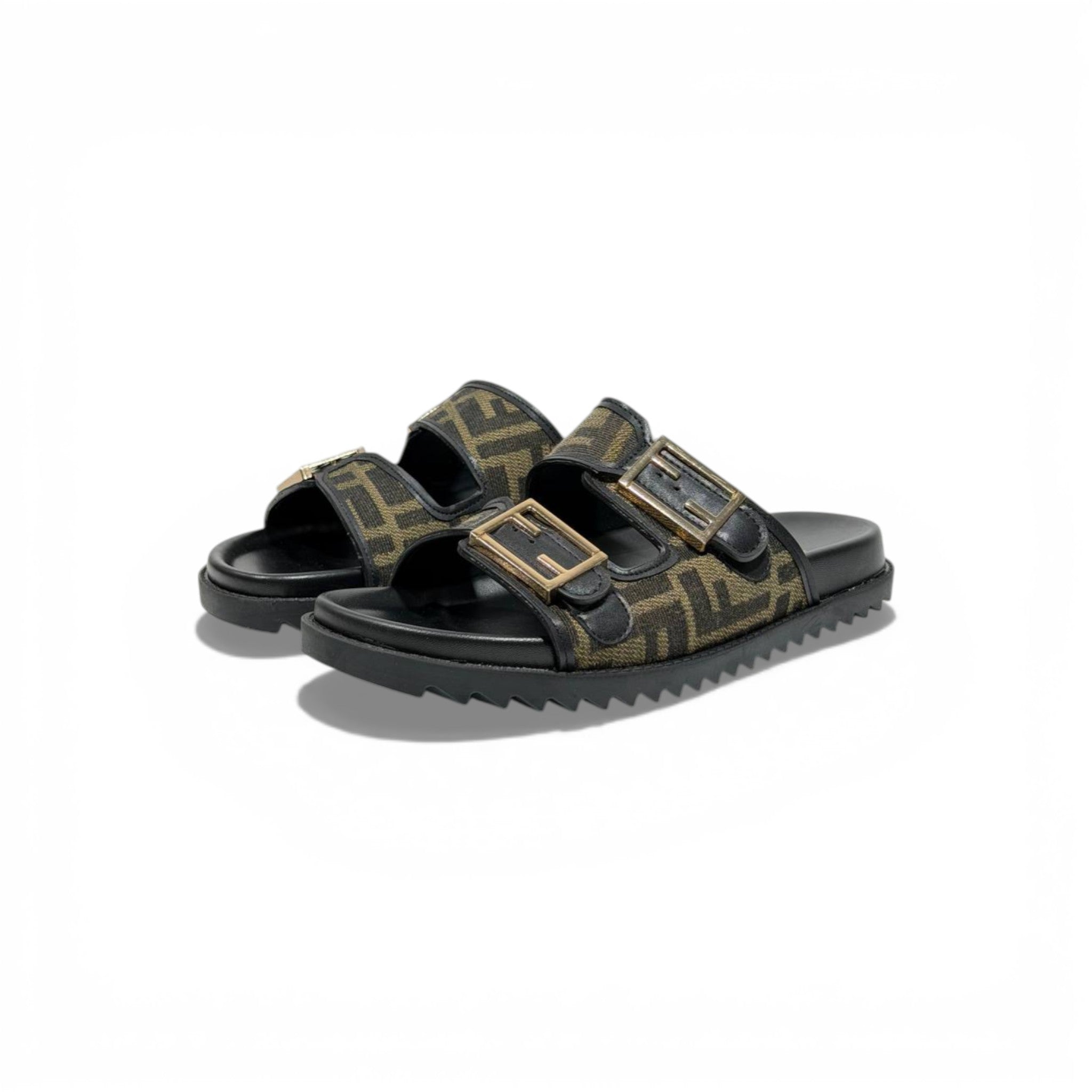 Fendi Monogram Double-Buckle Slides – Luxury Designer Sandals 🖤✨ | Premium Casual Summer Slippers
