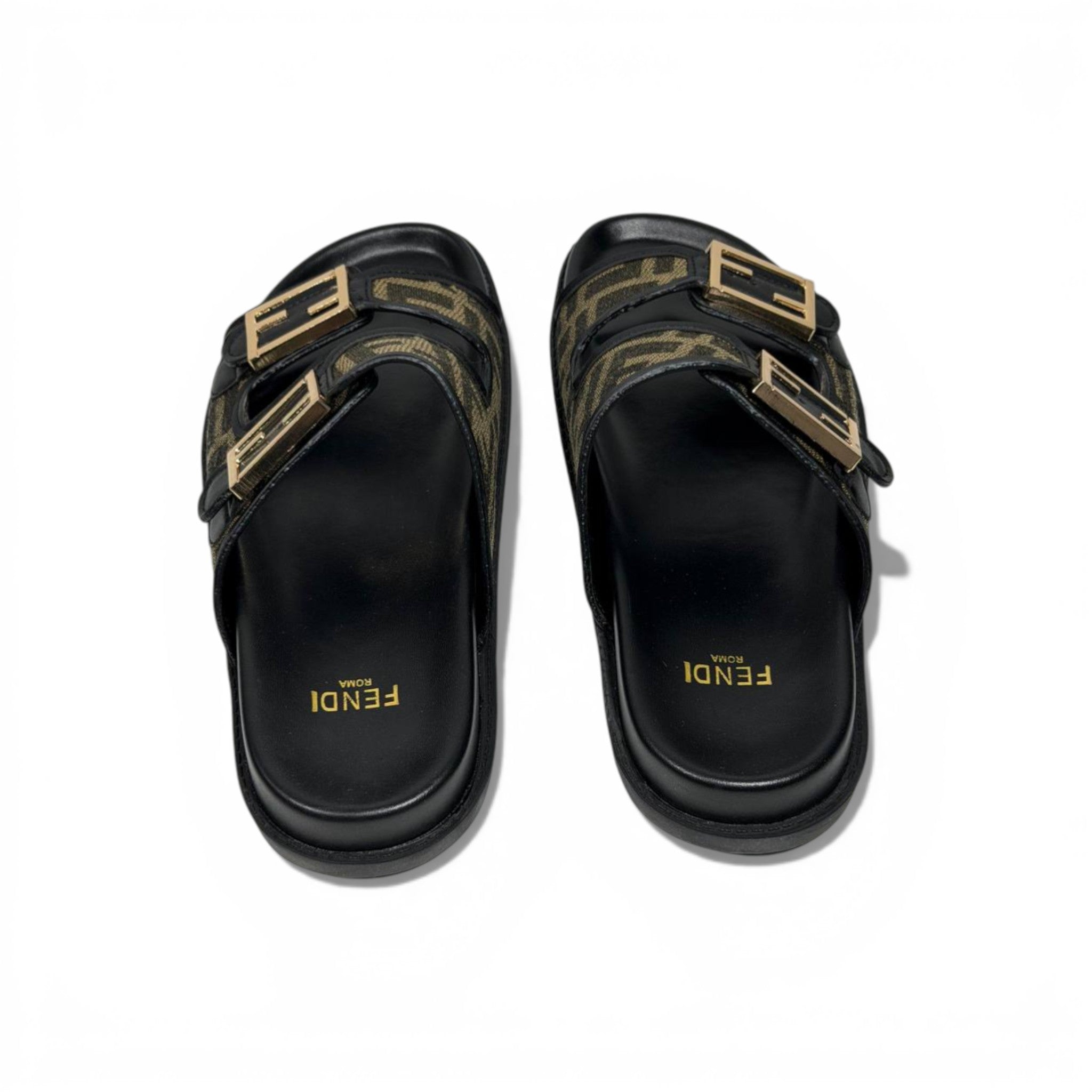 Fendi Monogram Double-Buckle Slides – Luxury Designer Sandals 🖤✨ | Premium Casual Summer Slippers