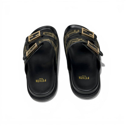 Fendi Monogram Double-Buckle Slides – Luxury Designer Sandals 🖤✨ | Premium Casual Summer Slippers