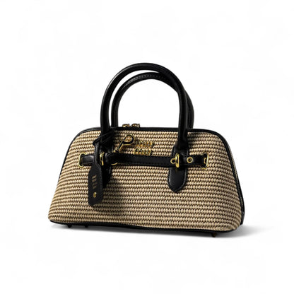 Miu Miu Woven Straw Handbag – Black Leather Trim & Gold Accents 🌾🖤