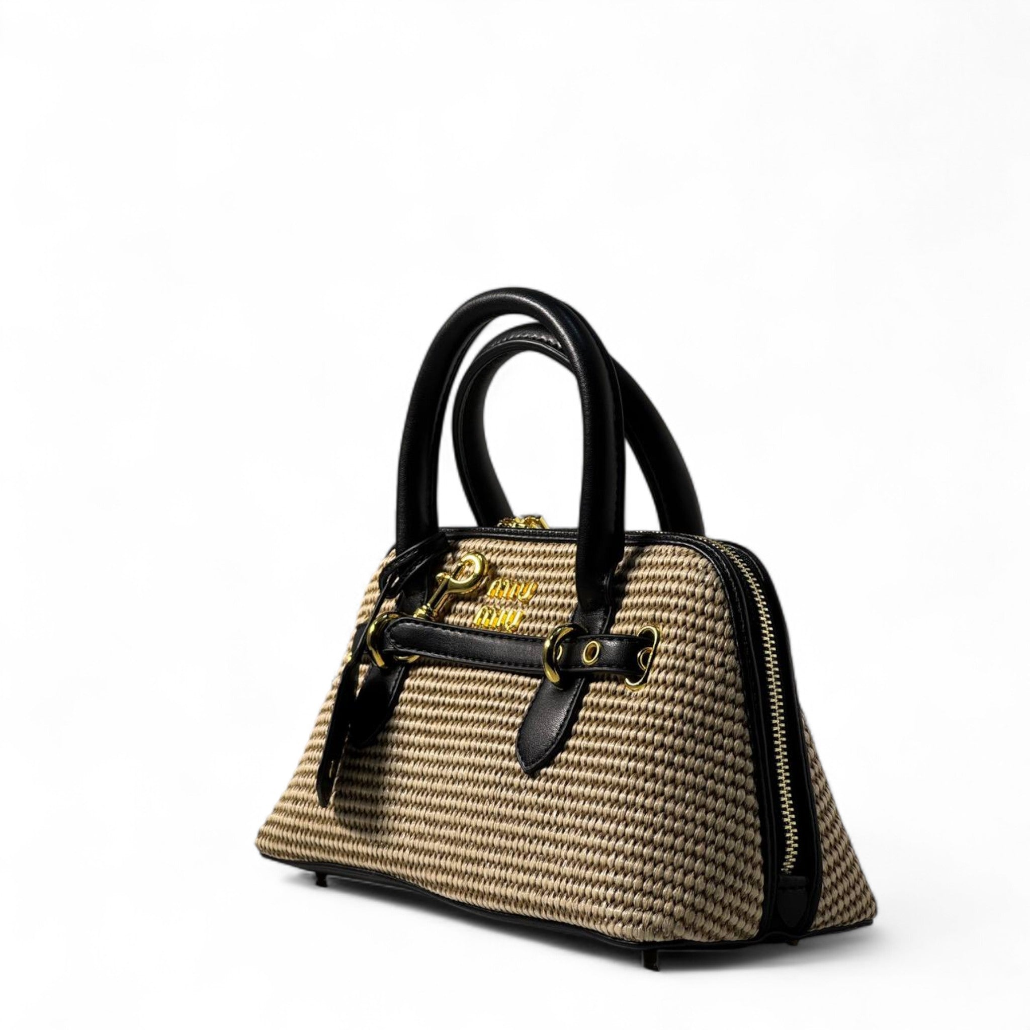 Miu Miu Woven Straw Handbag – Black Leather Trim & Gold Accents 🌾🖤