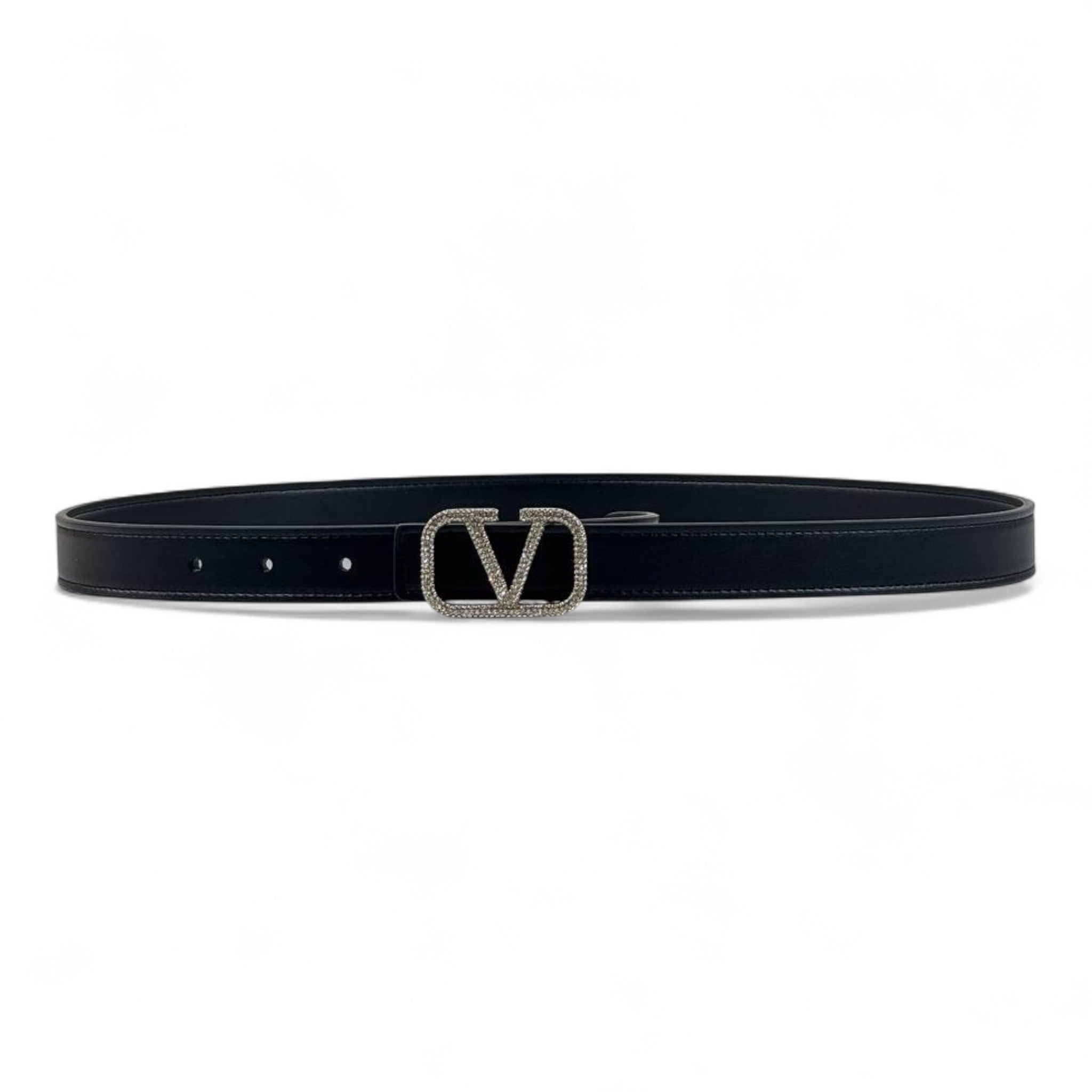 🖤✨ Valentino Black Leather Belt with Crystal V Logo Buckle 💎👑