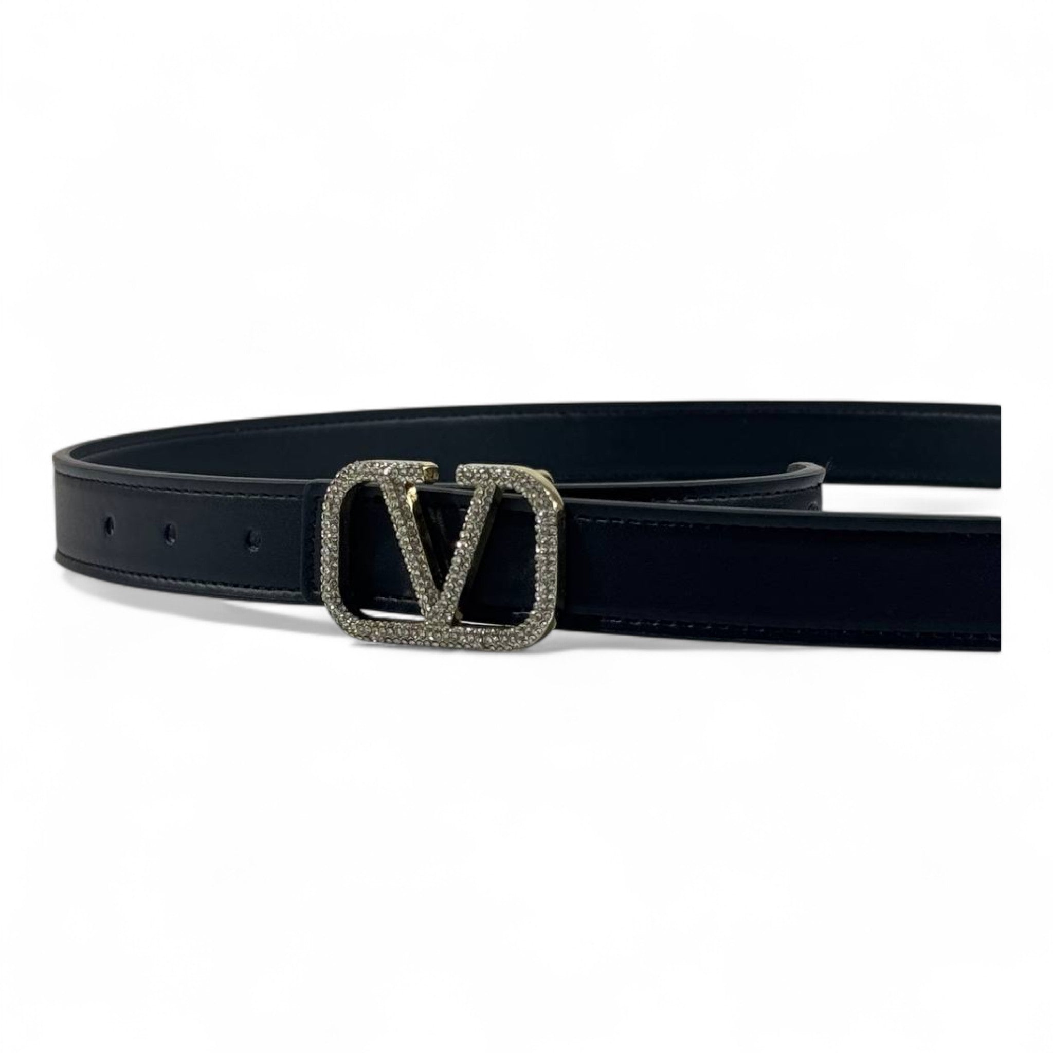 🖤✨ Valentino Black Leather Belt with Crystal V Logo Buckle 💎👑