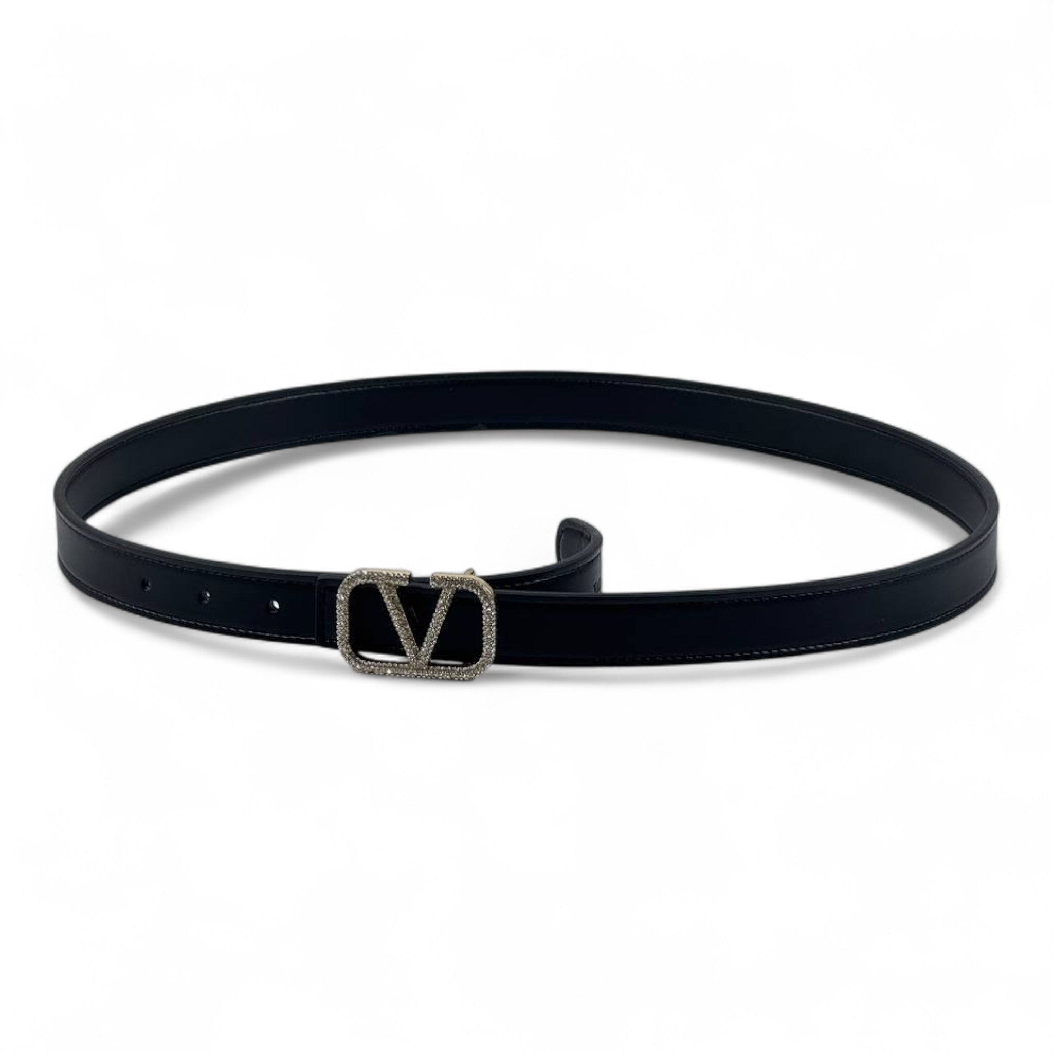 🖤✨ Valentino Black Leather Belt with Crystal V Logo Buckle 💎👑