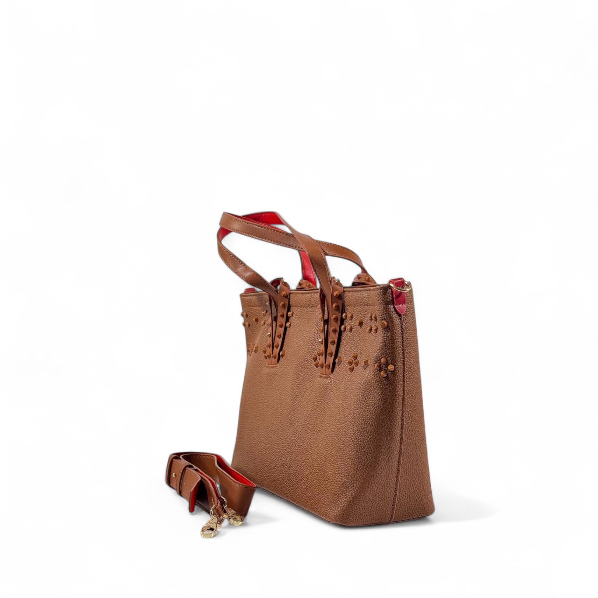 👜✨ Christian Louboutin Brown Leather Tote with Stud Details & Red Sole Accent 👠❤️