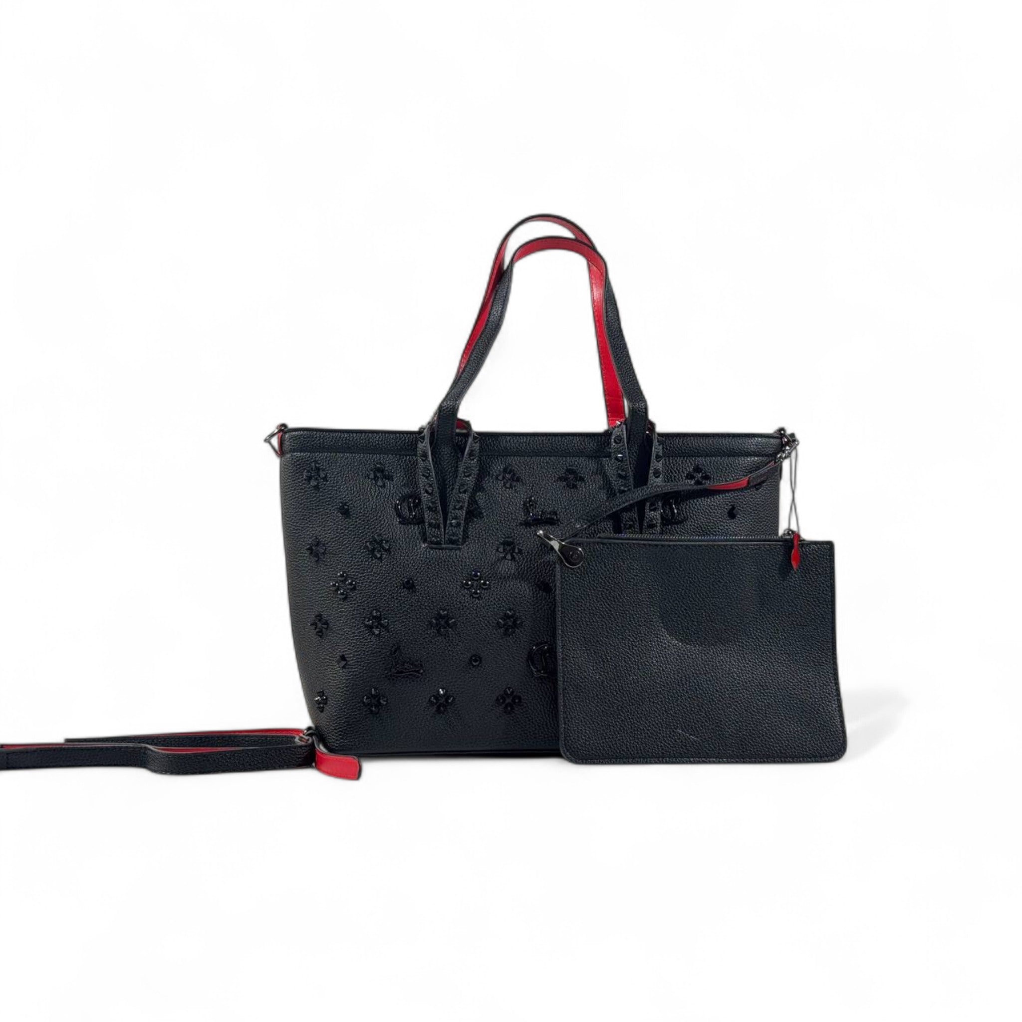 👜✨ Christian Louboutin Black Studded Tote with Red Sole Accent & Matching Pouch 👑👠