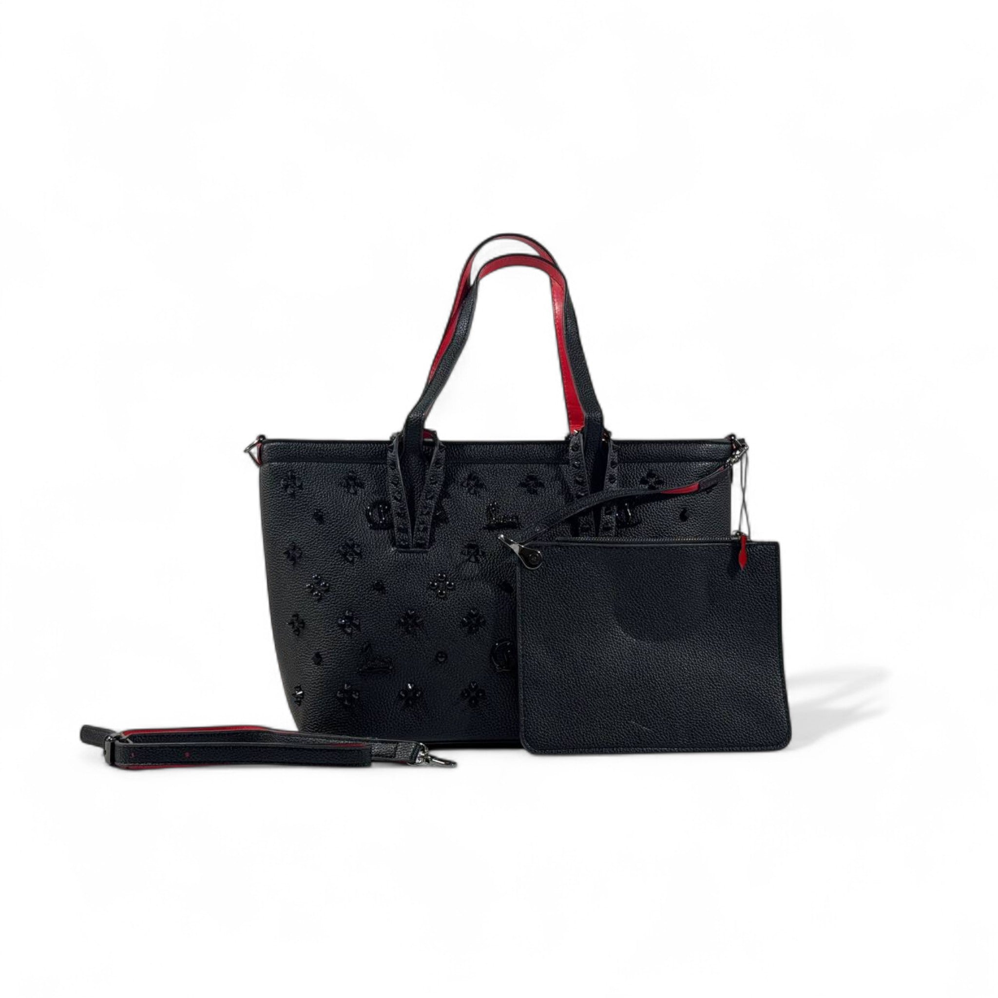 👜✨ Christian Louboutin Black Studded Tote with Red Sole Accent & Matching Pouch 👑👠