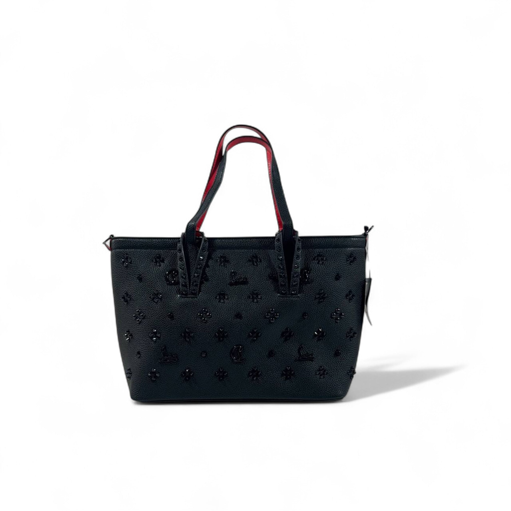 👜✨ Christian Louboutin Black Studded Tote with Red Sole Accent & Matching Pouch 👑👠