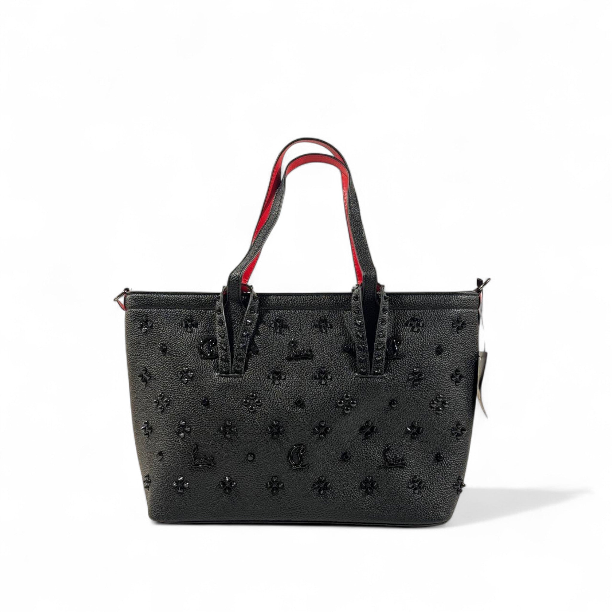 👜✨ Christian Louboutin Black Studded Tote with Red Sole Accent & Matching Pouch 👑👠