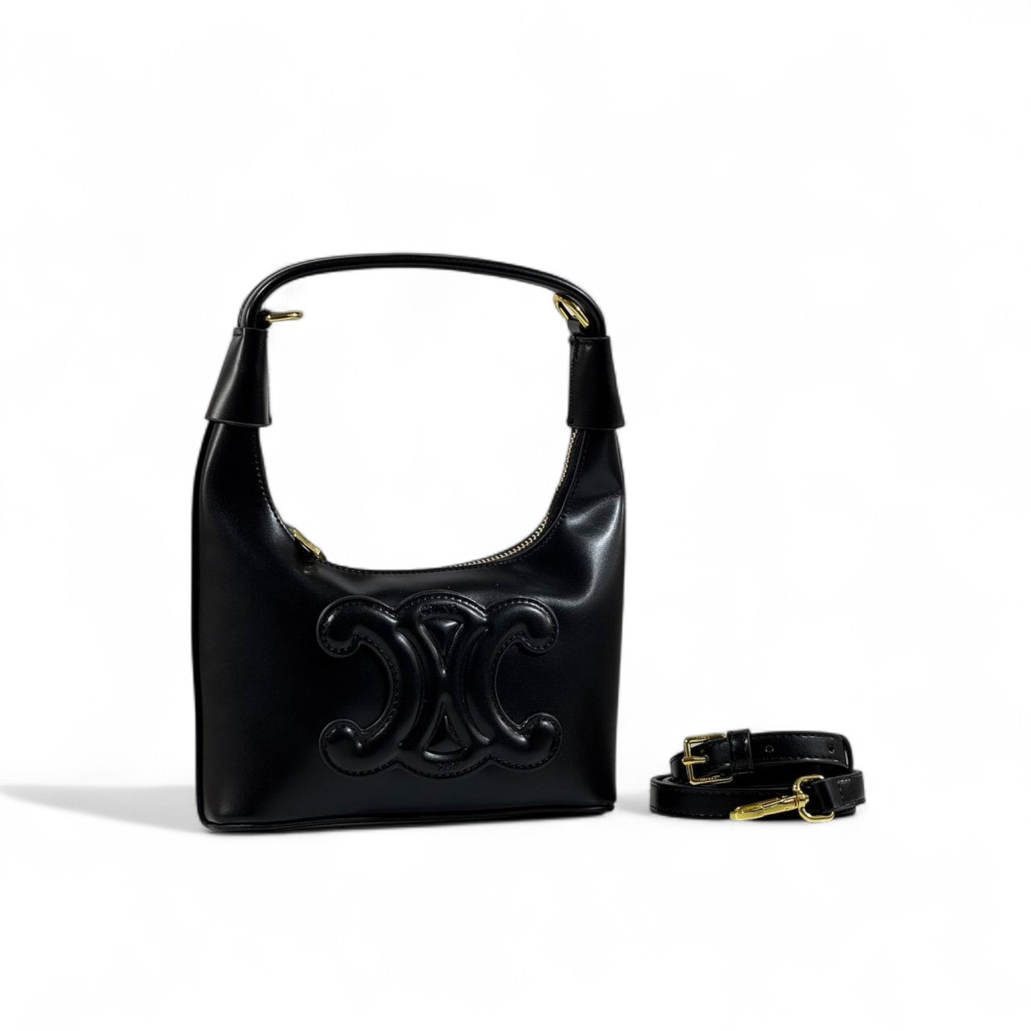 🖤✨ Celine Ava Triomphe Black Leather Shoulder Bag with Embossed Logo 👑💎