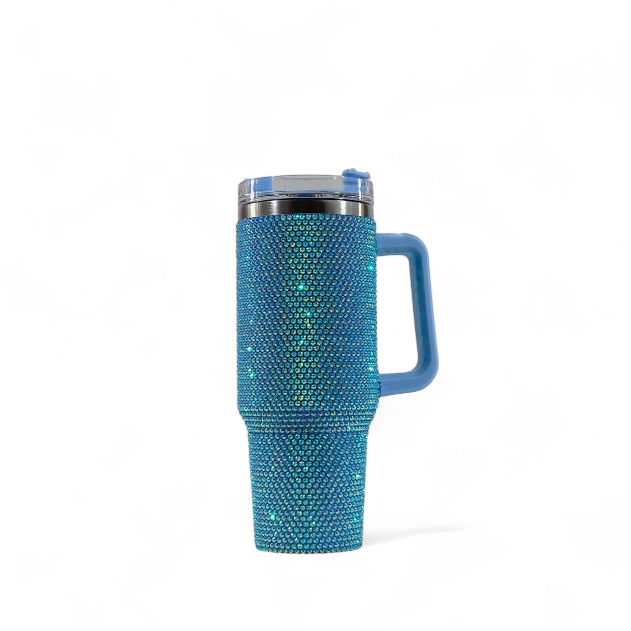 💎✨ Blue Rhinestone Travel Tumbler Mug with Handle & Lid – 40oz Sparkling Cup 🔥💙