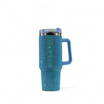 💎✨ Blue Rhinestone Travel Tumbler Mug with Handle & Lid – 40oz Sparkling Cup 🔥💙