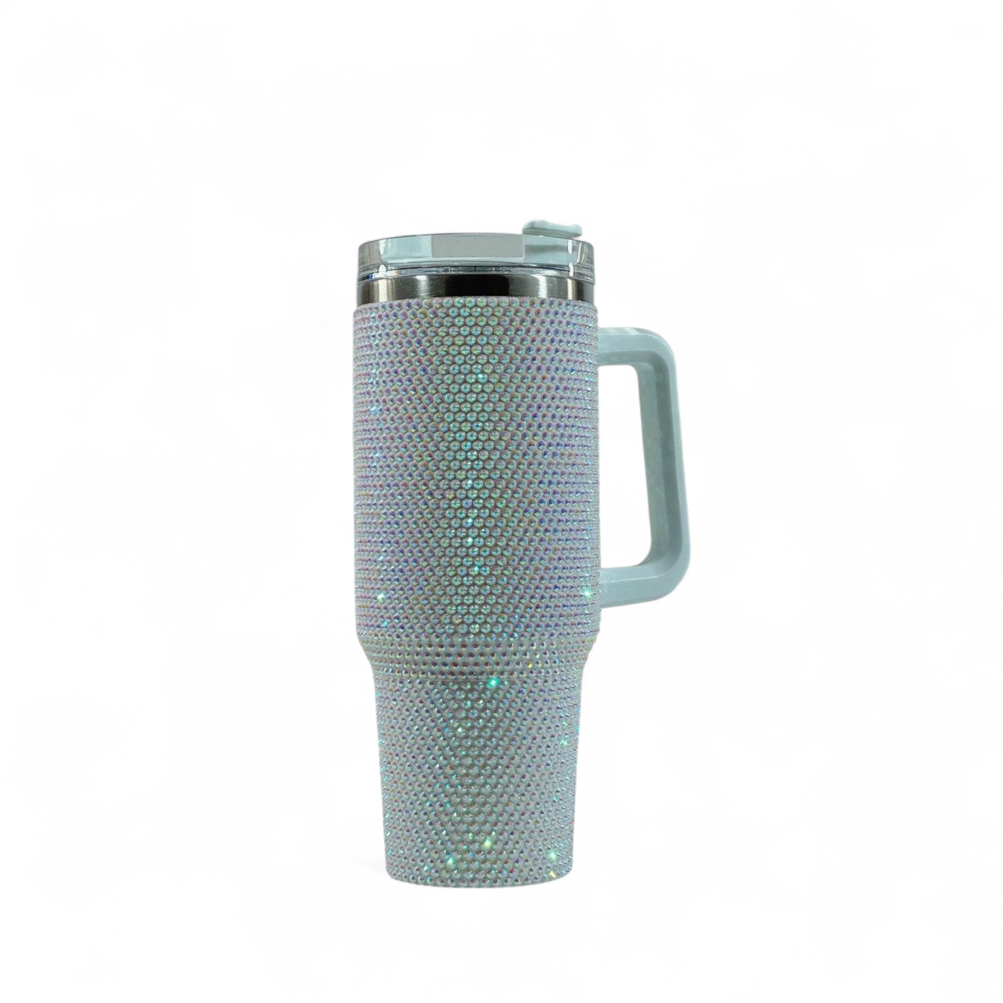 🤍💎 Silver Rhinestone Travel Tumbler Mug with Handle & Lid – 40oz Sparkling Cup ✨🔥