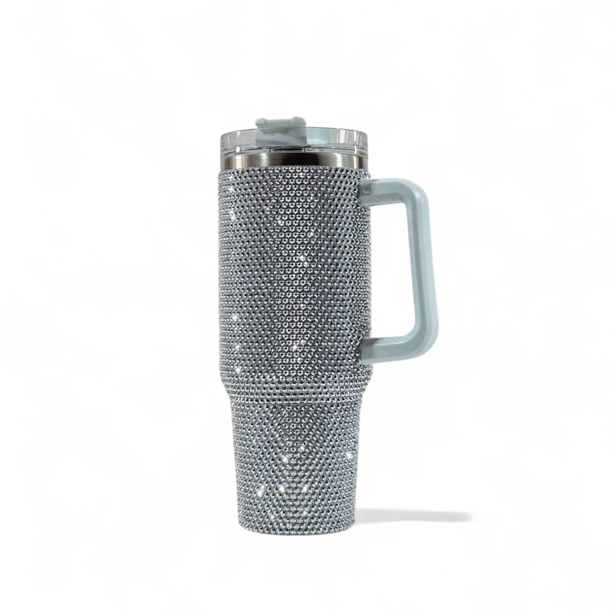 💎⚡ Grey Rhinestone Travel Tumbler Mug with Handle & Lid – 40oz Sparkling Cup 🖤✨