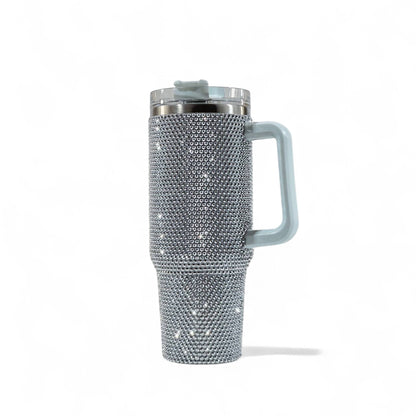 💎⚡ Grey Rhinestone Travel Tumbler Mug with Handle & Lid – 40oz Sparkling Cup 🖤✨
