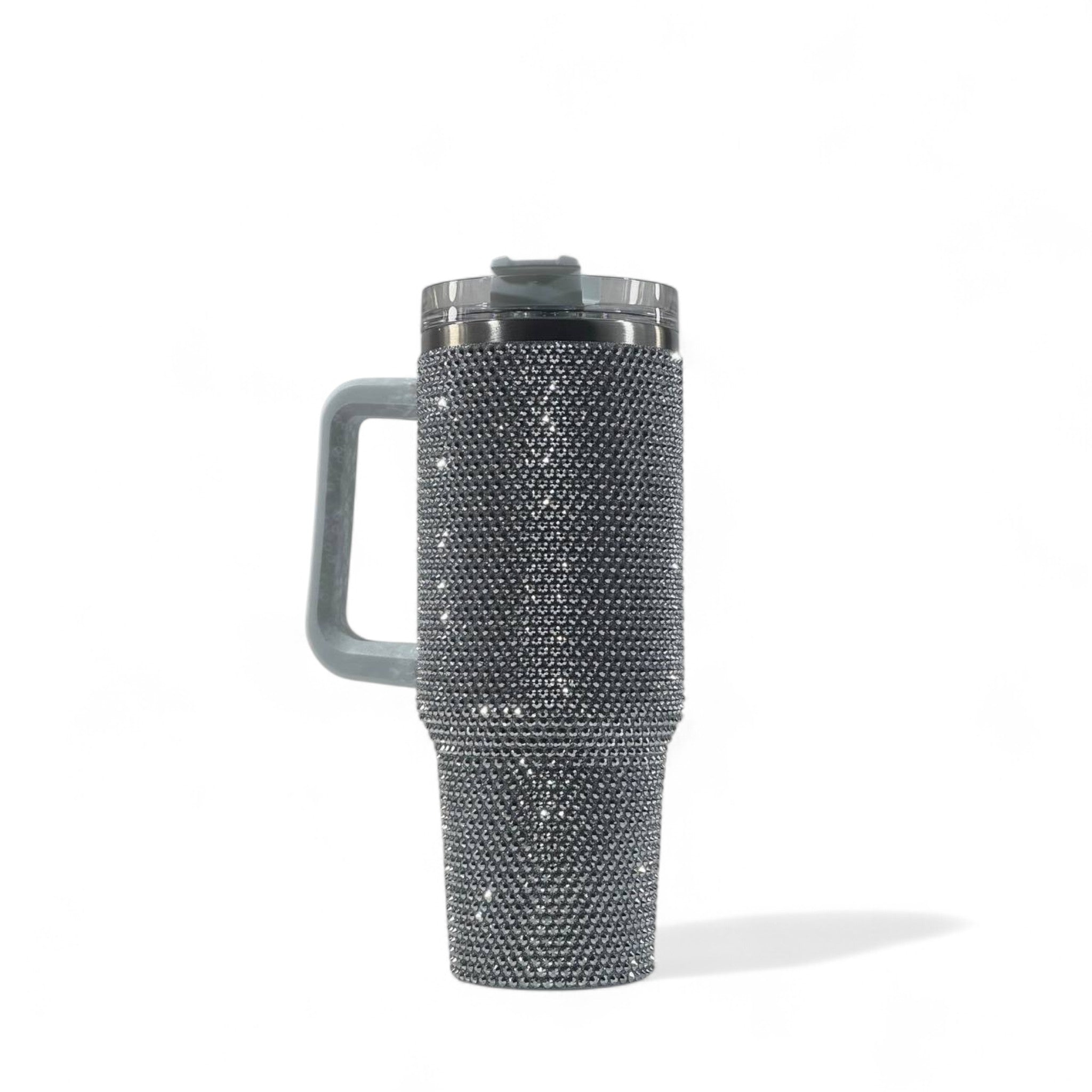 💎⚡ Grey Rhinestone Travel Tumbler Mug with Handle & Lid – 40oz Sparkling Cup 🖤✨