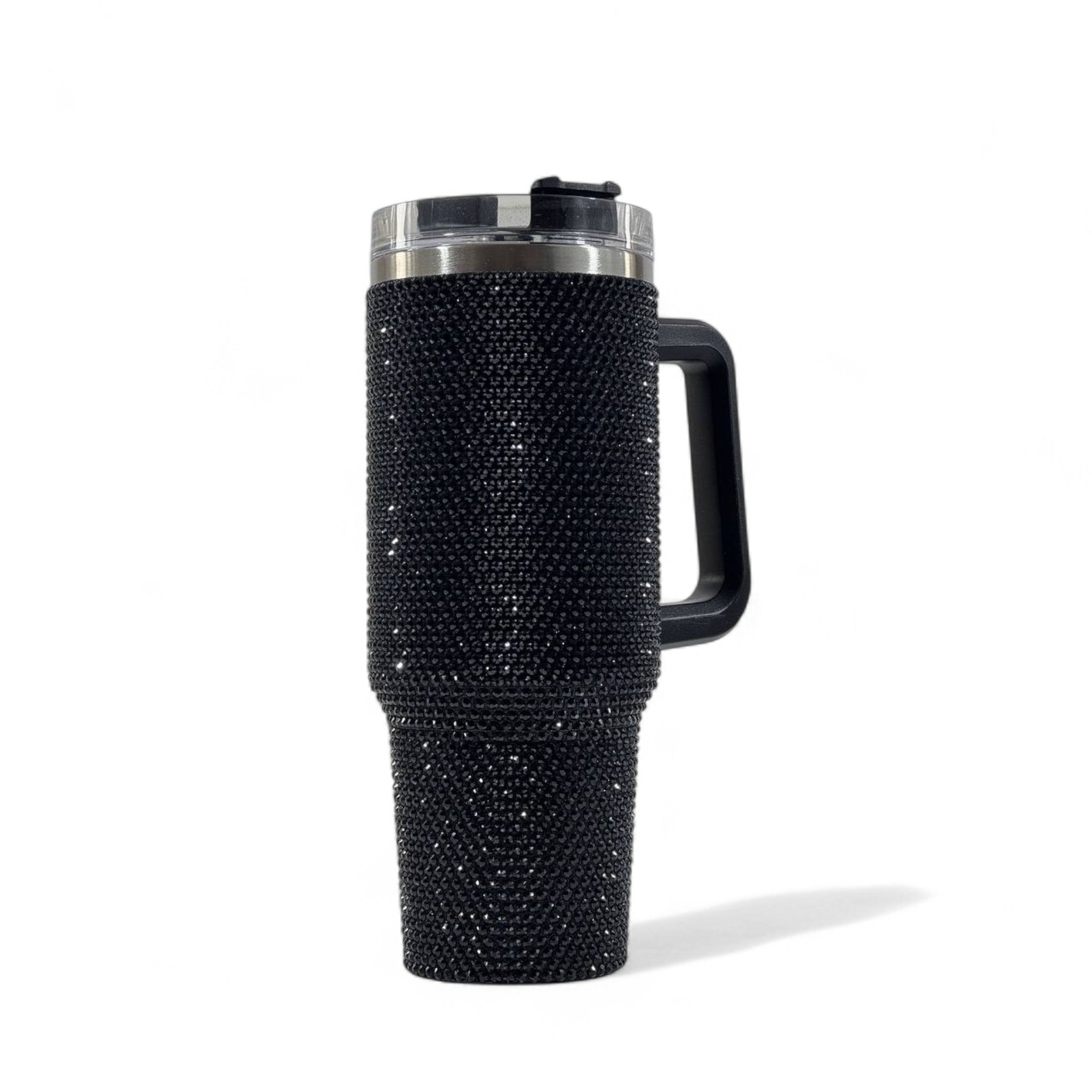 🖤💎 Black Rhinestone Travel Tumbler Mug with Handle & Lid – 40oz Sparkling Cup ✨🔥