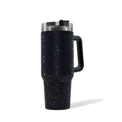 🖤💎 Black Rhinestone Travel Tumbler Mug with Handle & Lid – 40oz Sparkling Cup ✨🔥